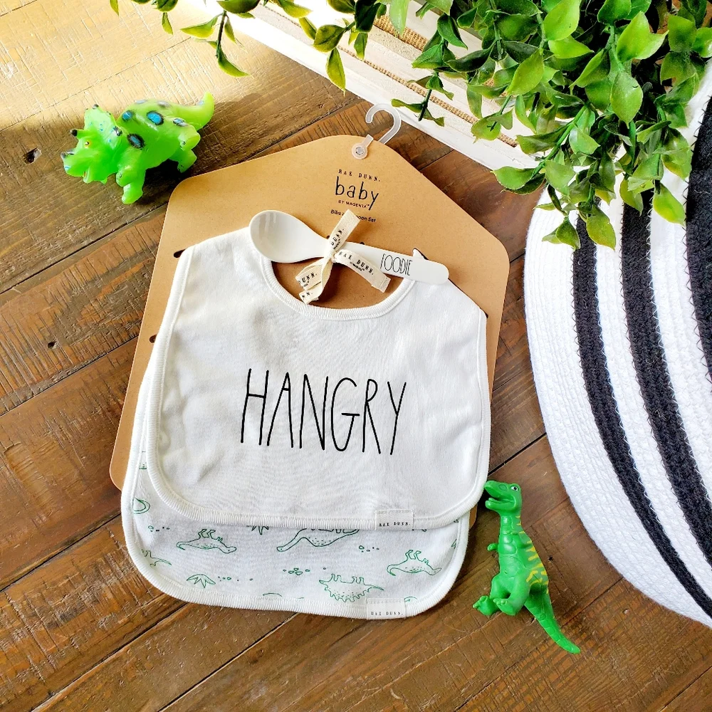 3 Pc Rae Dunn HANGRY Dinosaur Cotton Baby Bib & Spoon Gift Set